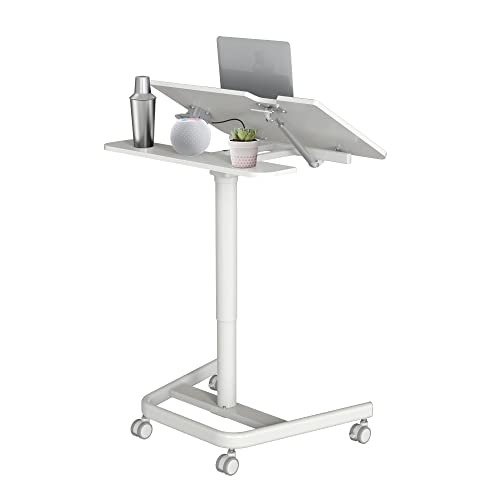 Avlt 47" Ambidextrous Mobile Standing Desk With Split Top Tilting Tray (3 Ft 11 Inches) - Pneumatic Laptop Cart - Rolling White Cart With Brake Casters #TOP7