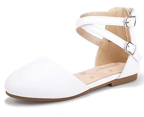 PANDANINJIA Toddler/Little Kid Girl's Amanda Mary Jane Ballet Flats Ankle Strap Ballerina Dress Shoes Flat Sandals(White Pu, 8 M US Toddler)