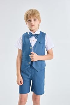 LOLANTA 4 stuks pagen jongen kort pak kinderen linnen pak zomer pak, feestelijke zomer bruiloft doop ceremonie outfit, verjaardag feestkleding, kind vest shorts set met vlinderdas, blauw, 11-12 Jaar