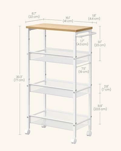 Image of VASAGLE Slim Rolling Cart, 4-Tier Storage Cart, Narrow Cart with Handle, 8.7 Inches Deep, Metal Frame, for Kitchen, Dining Room, Living Room, Home Office, Oak Beige and Classic White ULRC033W09