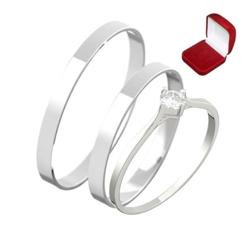 Alianças Italianas Par Aço Inox Prata Namoro Compromisso com Caixa de Veludo e Anel Solitário Bella Bijoux Deluxe