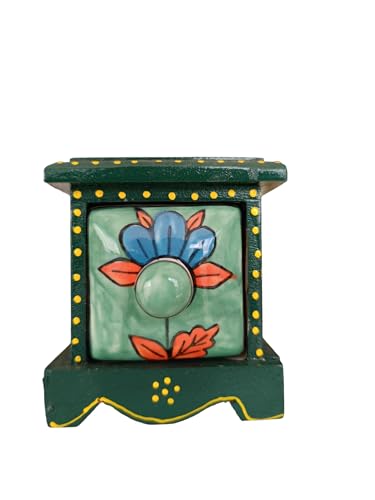 Especiero Indio Decorativo de Color Verde Hecho de Madera y Cerámica con 1 Cajón.