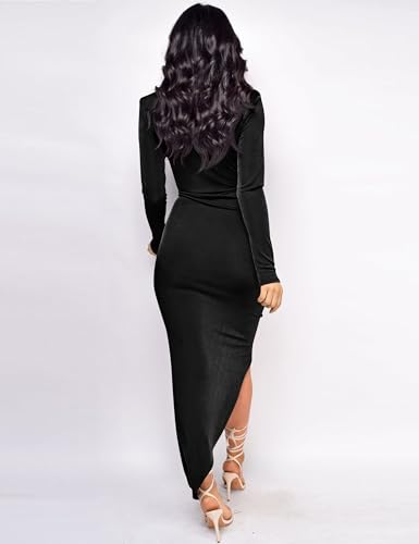 YMDUCH Women's Elegant Deep V Neck Long Sleeve Ruched Bodycon Split Party Maxi Dress2