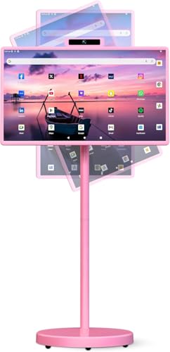 VLH Portable TV On Wheels, Smart Portable TV Built-in 38400mah Battery Android 15, EDLA-Certified Rolling TV, Touch Screen Monitor with 5MP Webcam (Pink, 32)