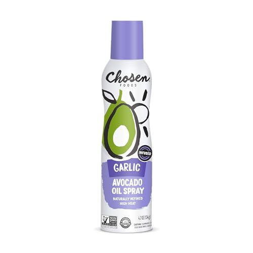 Chosen Foods Garlic Infused Avocado Oil Spray, Kosher Cooking Spray for Baking, High-Heat Cooking, Frying (4.7 oz)