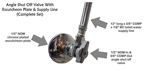 Complete Toilet Set Valve 1/2 In. Nom Inlet X 3/8 In. Od Compression Outlet Angle Shut Off + Escutcheon Plate + 12" Long Stainless Steel Braided Brass Nut Water Supply Line #TOP2