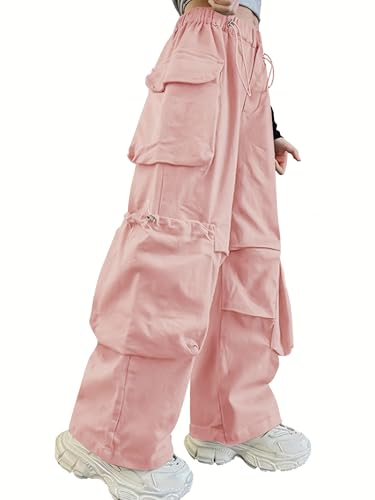 Image of Girls Cargo Pants Wide-Leg Straight Streetwear, 6-14 Years | Elastic Drawstring Vintage Baggy Pants Y2K School Casual