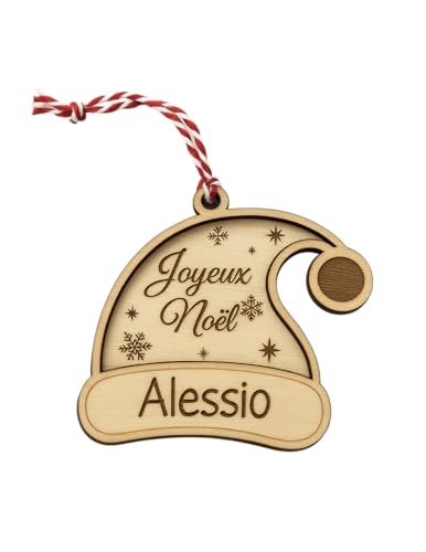 BABY FEE - Boule de Noël personnalisée en bois – Forme bonnet du Père Noël – Décoration sapin personnalisable avec prénom – Ornement Noël artisanal – Idée cadeau famille, enfant, bébé