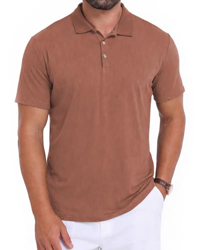 MLANM Men's Polo Shirt Mens 2026 Campus 3 Button Ribbed Collar Golf Polo Shirt Men Tech, Lightweight and Breathable Polo T Shirt for Men, Comfortable Short Sleeve, Bean Paste XL