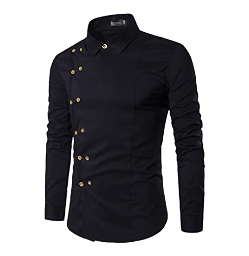 Chemises slim pour hommes à boucle oblique et double boutonnage asymétrique noir XXL
