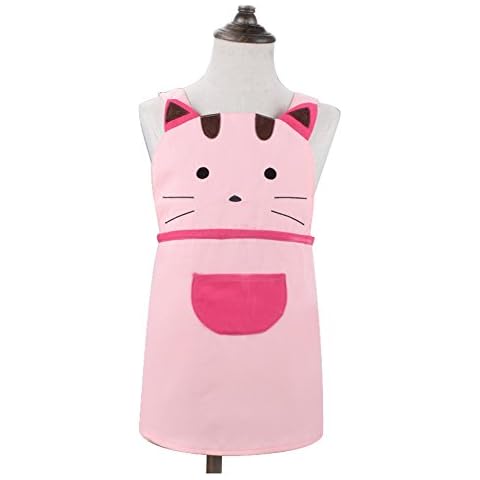 Love Potato Cute Girls Kids Toddler Cartoom Cat Embroidered Apron Cotton Children Apron Chef Kitchen Cooking Baking Apron for Kids 2-4 Years Old (Pink) Cover