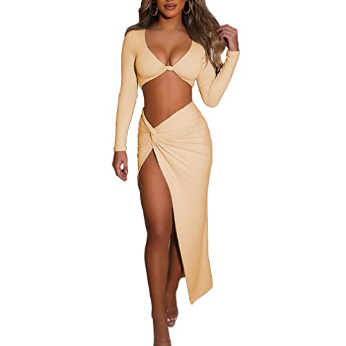 Lufeng Women's Sexy Bodycon 2 Piece Dress Outfit Long Sleeve V Neck Crop Top Twist High Slit Long Dresses Skirt Set Nude #TOP2