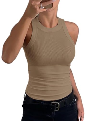 CHICME Womens Sleeveless Tank Top Summer Casual Ribbed Khaki Racerback Basic Fitted Thick Strap Shirts Top-L