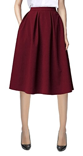 Urban CoCo Women's Knee Length A Line Midi Skirt Casual Work Elastic High Waisted Skirts with Pockets Wine Red