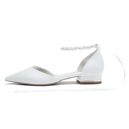 Elegant Pearl-Embellished Bridal Flats Pointed Toe Ballet Pumps with Ribbon Tie (2.5cm) PU Wedding Shoes4