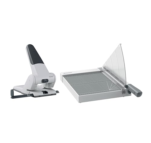 Leitz Set Extrastarker Registraturlocher aus Metall & Precision Hebelschneider A4, Papierschneidemaschine mit 305 mm Schnittlänge für bis zu 8 Blatt, Großer Locher Für 65 Blatt, 51800084 + 90180000