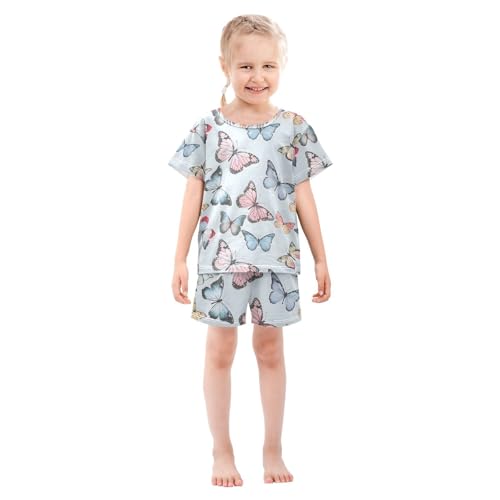 ALAZA Blue Butterfly Cartoon Pajamas Set Short Sleeve Cotton Sleepwear Summer Pjs 2 Piece 5-14Y3