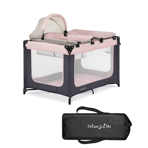 Image of Dream On Me Emily Rose Deluxe Playard in Pink with Infant Bassinet and Changing Tray, Lightweight Portable and Convertible Playard for Baby, Breathable Mesh Sides and Soft Fabric
