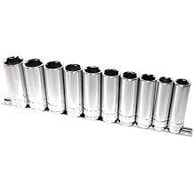 K Tool International 28200 Deep Metric Socket Set with 1/2" Drive for Garages, Repair Shops and DIY, 6 Point, Heat-treated, Chrome Vanadium Steel, 15mm to 24mm, Socket Rail, 10 Piece