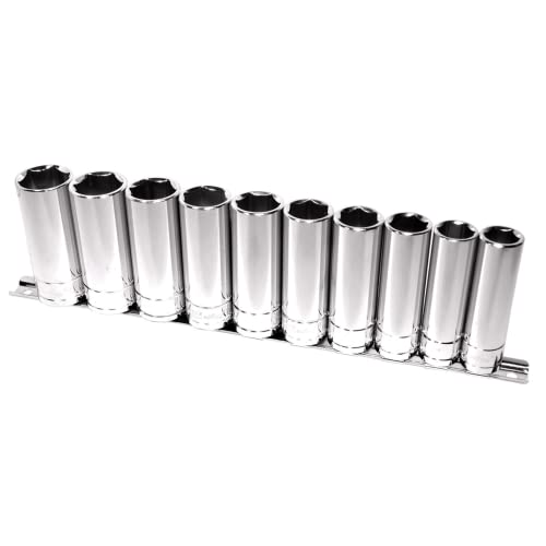 K Tool International 28200 Deep Metric Socket Set with 1/2" Drive for Garages, Repair Shops and DIY, 6 Point, Heat-Treated, Chrome Vanadium Steel, 15mm to 24mm, Socket Rail, 10 Piece -  K-Tool International, KTI-28200