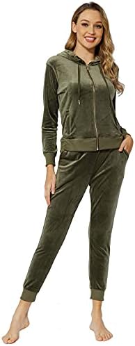 Women Velour Tracksuit 2 Piece Fashion Sweatsuits Long Sleeve Velvet Jogging Suits Sports Outfit Track Suit Olive L