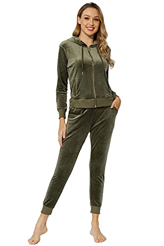 Velour Tracksuit Womens Night Wear Outfits Jogger Outfit Stretchy Activewear Set 2 Piece Multicolor Fall Clothes Olive S