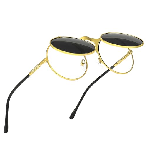 Round Flip Up Sunglasses – Small Flip-Up Shades with Double Lenses -Cool Glasses for Raves and 90s Vibes