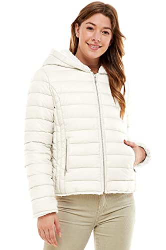 Love Tree Women's Reversible Sherpa Puffer Jacket - Fleece Hooded Sherpa Padded Outerwear Jacket (Ivory, Medium) #TOP19