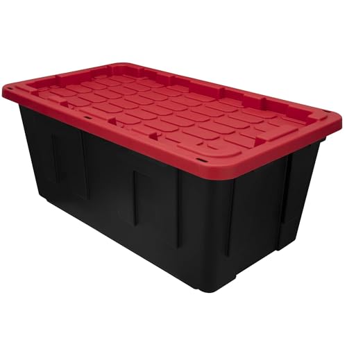 40 Gallon Extra Large Plastic Storage Container with Secure Snap-On Lid, Industrial Strength, Black and Red