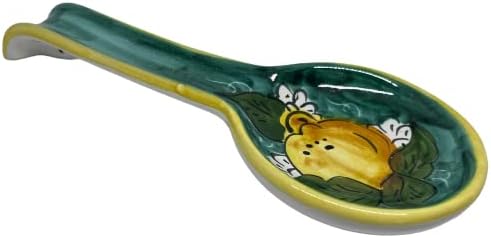 Hand Painted Italian Ceramic Spoon Rest – 10.5 Inches – Made in Italy, Teal Lemon Design – Handmade Ceramic Kitchen Utensil Holder