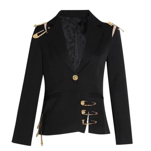 Women's Loose Black Hollow Pin Patchwork Jacket Blazer Lapel Long Sleeve Jacket3