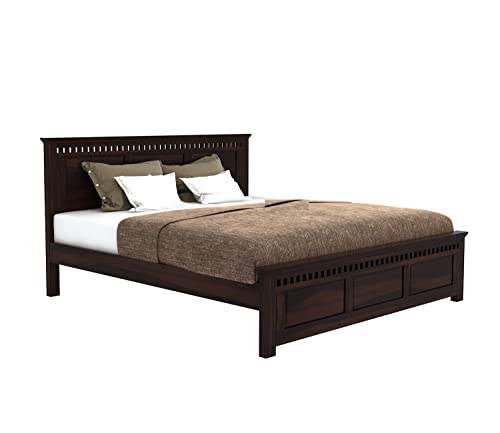 Image of Sheesham Wood King Size Bed Without Storage | Wooden Bed King Size Double Cot Palang Bed for Bedroom | Kuber Design Headboard Bed for Living Room | Walnut Finish