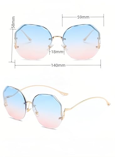 Chinshwehaw 2025 Designer Sunglasses Women - Frameless Geometric Cat Eye, Gold Metal Frame & Blue Pink Gradient Lens, UV400, Lightweight Luxury Sun Glasses for Driving, Beach, Street Style2