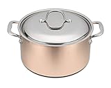 Nettoyage et entretien : nettoyez la cocotte à la main après utilisation – pas au lave-vaisselle. Il est préférable de sécher la casserole quelques instants et de la ranger au sec. Vous pouvez faire briller le cuivre avec une pâte de polissage spéciale.