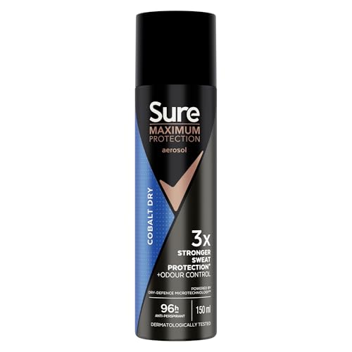 Sure Men Maximum Protection Cobalt Dry Antiperspirant Body Spray Deodorant with 3x stronger* sweat protection for 96 hour protection against sweat and odour 150 ml
