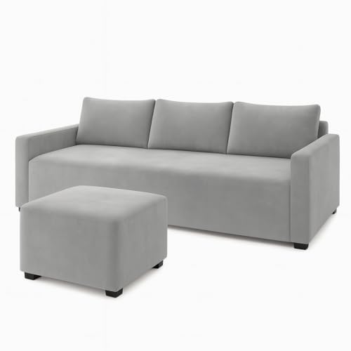 Image of FURNY Merisa Fabric 4 Seater L Shape Sofa Set 3 Seater Modern Sofa Set & Ottoman for Living Room (Light Grey) | Durable Comfort | Modern Design | Ideal for Living Room