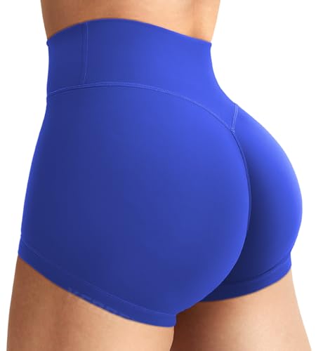 YEOREO Women's Biker Shorts 2.5' No Front Seam Elysina High Waist Hidden Scrunch Workout Gym Yoga Running Shorts Blue S