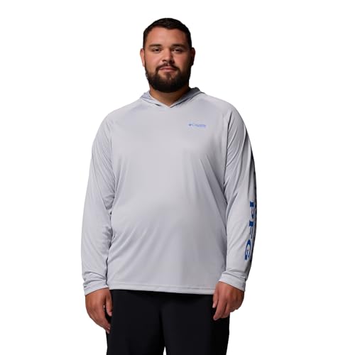 Columbia Mens PFG Terminal Tackle Long Sleeve Fishing Hoodie, Cool Grey/Vivid Blue Logo, Medium