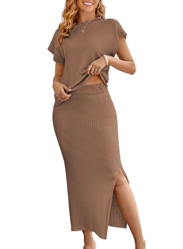 Sovoyontee Damen 2 Stück Pullover Outfits Set Casual Kappe Ärmel Tops Bodycon Maxi Langer Rock Strickkleider Khaki L