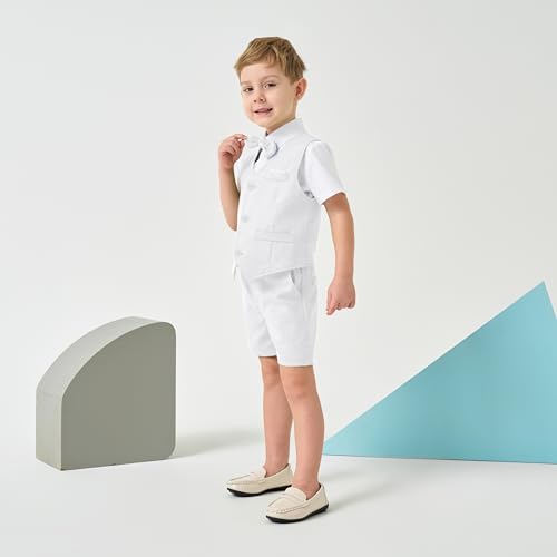 Image of Volunboy Baby Boys Summer Suits Short Sleeve Wedding Ring Bearer Outfits 4Pcs Graduation Dress Vest Shirt Bowtie Shorts Set