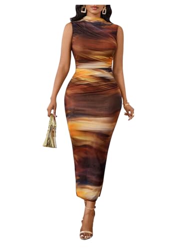 Image of Milumia Women's Printed Mock Neck Bodycon Maxi Dress Sleeveless Mesh Long Dress Party Cocktail