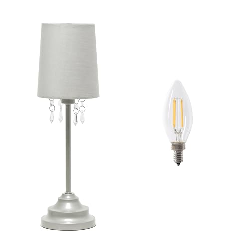 Simple Designs LT3018-GRY-LB 17.5" Table Lamp with Fabric Shade and Hanging Acrylic Beads, with LED Bulb, Gray