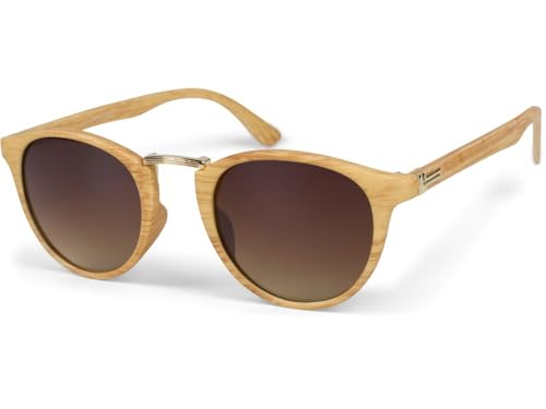 styleBREAKER Unisex Sonnenbrille Panto Holzoptik | Runde Retro Brille UV400 | Modisches Wood Look Design (Kunststoff) inkl. Etui & Tuch, Hellbraun-Gold/Braun Verlauf