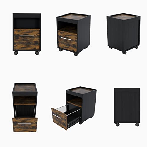 File Cabinet, Mobile Filing Cabinet With Lock On Wheels, 1 Drawer, Open Shelf, File Cabinet For A4/Letter/Legal Size, Printer Stand, Wooden Storage Cabinet, Brown And Black, Vintage #TOP5