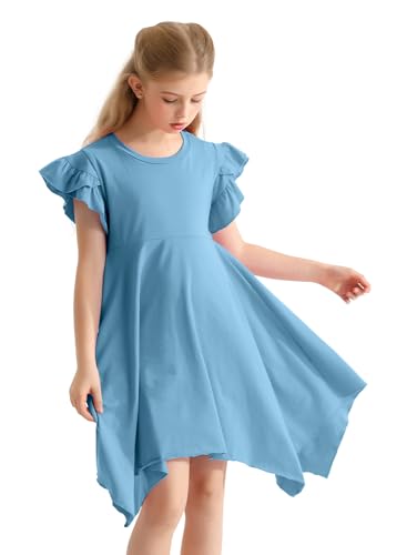 Girls Casual Dresses Summer Crew Neck Double Layer Ruffle Sleeve Cute High Low Swing Knee Wear for 4-13 Years3