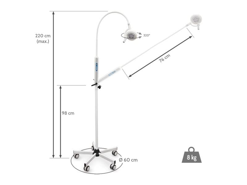 QUIRUMED LED-Untersuchungslampe mit Light Touch-Rollsockel, flexiblem Arm, mehrfach positionierbar, Helligkeitsregelung, 320°-Drehung, Helligkeitsregelung, weiße Farbe, Sockel mit Rädern
