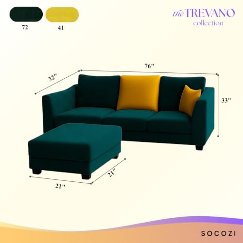 Image of SOCOZI Trevano 4 Seater L Shape Sofa Set with Movable Ottoman | Flexible Left or Right Layout | Soft Velvet Suede Fabric | Modern Design | Plush Comfort Cushions for Living Room (Teal Green-Yellow)