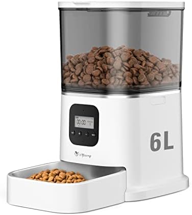 isYoung Automatic Cat Feeder, Smart Pet Food Dispenser for Cats Dogs – Voice Recorder, Portion Control 1-4 Meals Per Day, Dual Power Supply & Clog-Free Design with Stainless Steel Bowl
