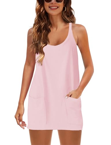 Image of Lentta Womens Athletic Sleeveless Mini Dress with Built-in Shorts V Neck Spaghetti Strap Sundress