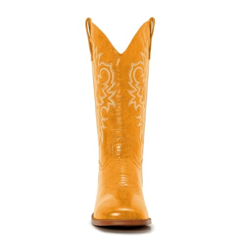 Image of Cowgirl Boots Square Toe Cowboy Boots For Women Ladies Mid Calf Low Heel Flat